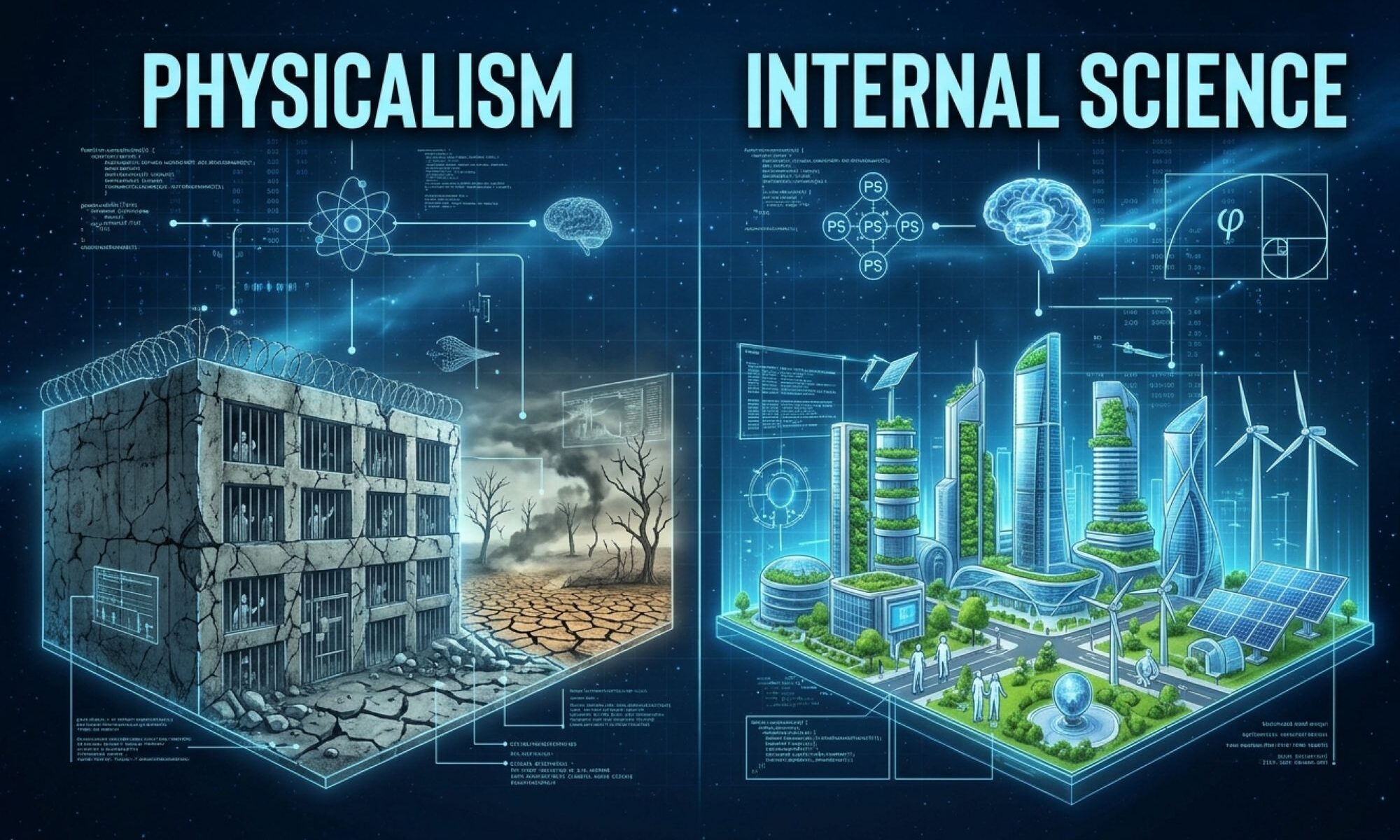 High-tech split illustration comparing Physicalism showing climate devastation and a prison on the left against Internal Science showing a clean, green modern city on the right.
