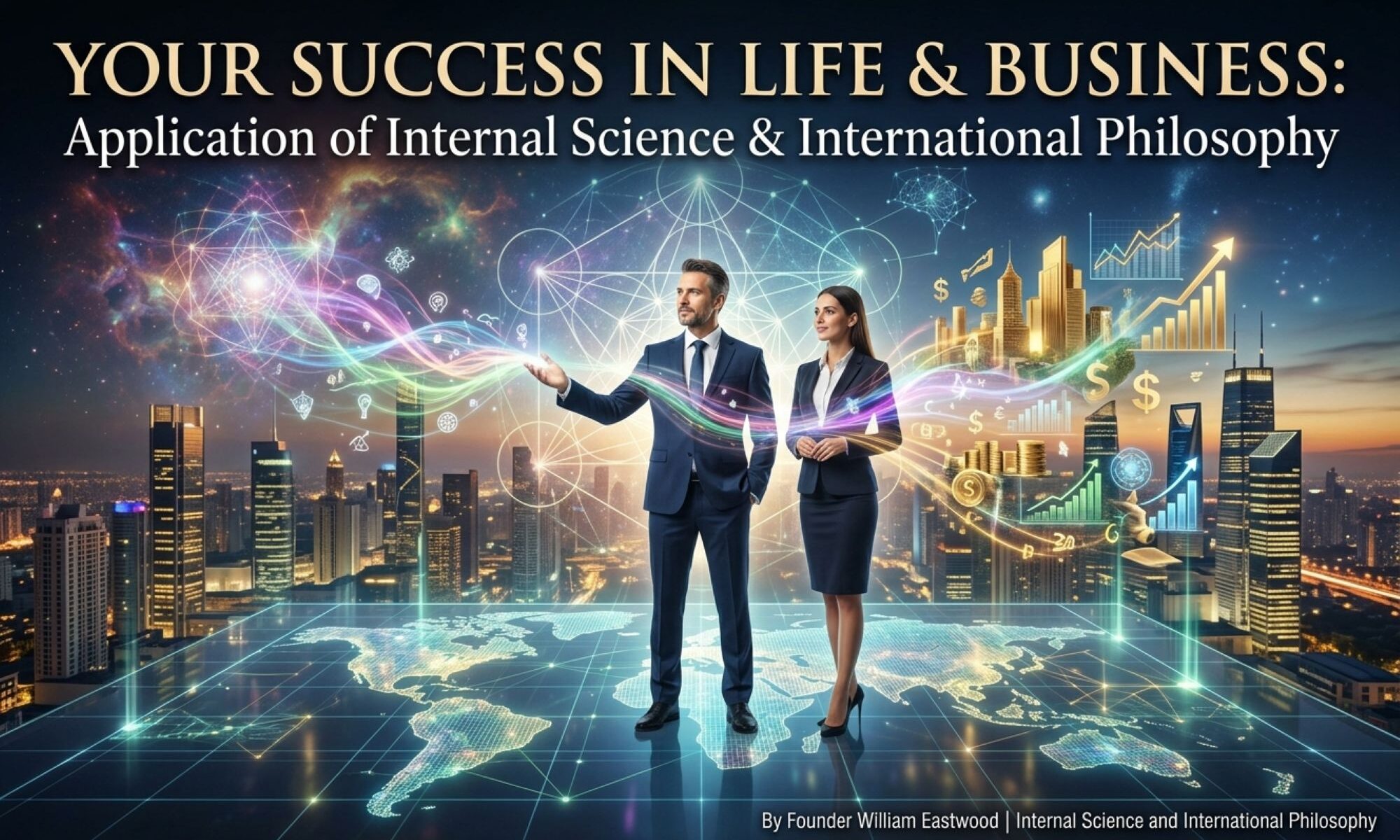 A cinematic photograph visualizing how Internal Science transforms life and business. A visionary man in a suit stands on a glowing, digital world map, directing vibrant energy strands (representing consciousness and intent) that materialize into a thriving golden cityscape, currency symbols, and growth charts. The background fuses a modern skyline with cosmic nebula patterns and sacred geometry, illustrating the manifestation of success from the non-physical Field of Probabilities.