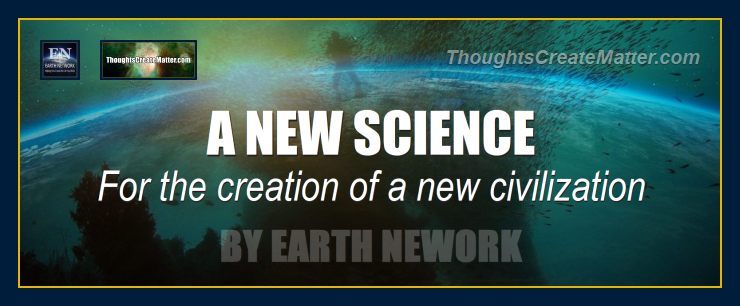A composite image featuring an Earth rise over the limb of the planet from space, perfectly blended with a vibrant underwater scene of a scuba diver swimming within a large bait ball of shimmering fish. Bold white and yellow text is overlaid across the image, reading: "A NEW SCIENCE: For the creation of a new civilization: BY EARTH NETWORK."