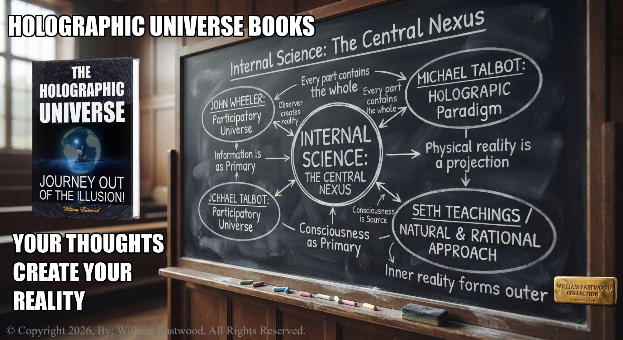 The large block text, "Holographic Universe Books: Your Thoughts Create Your Reality". The cover of the book, "The Holographic Universe - Journey Out of the Illusion" next to a blackboard in a Yale Classroom. The text on the blackboard reads, "INTERNAL SCIENCE: THE CENTRAL NEXUS." At the center, a large circle labeled "INTERNAL SCIENCE" radiates three primary pathways. One leads to "JOHN WHEELER: PARTICIPATORY UNIVERSE." Another leads to "MICHAEL TALBOT: HOLOGRAPHIC PARADIGM." A third leads to "SETH TEACHINGS / NATURAL & RATIONAL APPROACH." Smaller connecting notes, such as "Observer creates reality," "Information is primary," "Consciousness is Source," and "Inner reality forms outer," detail the relationships between these frameworks. The message bridges the gap between physics, metaphysics and Internal Science, establishing consciousness as the primary reality.