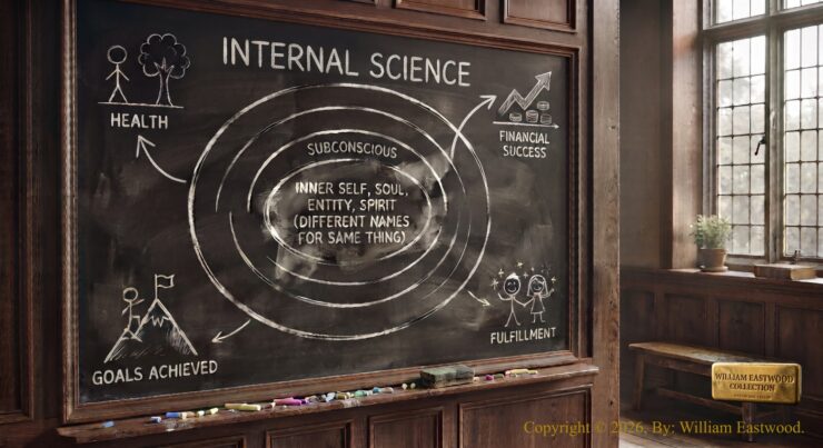 A Yale style blackboard with a chart showing the words, "INNER SELF, SOUL, ENTITY & SPIRIT (DIFFERENT NAMES FOR THE SAME THING)" at the center and the words, "HEALTH, FINANCIAL SUCCESS, GOALS ACHIEVED and FULFILLMENT" as the products of the Inner Self. The word, "SUBCONSCIOUS" is shown on the diagram as being in the intermediate zone between the inner self and the outer physical ego self.