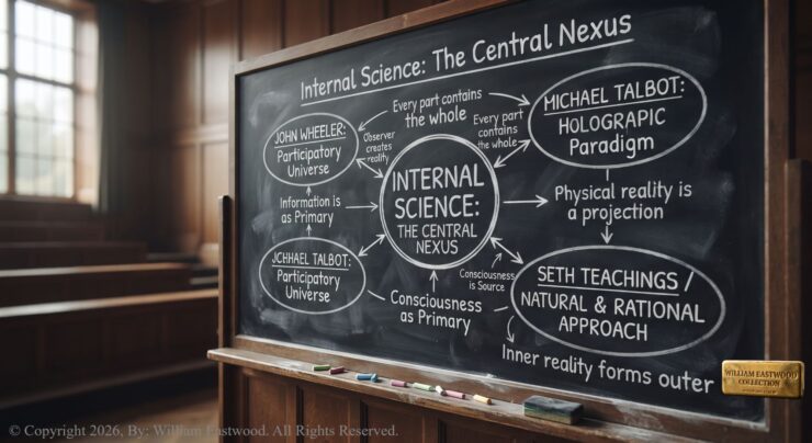 "INTERNAL SCIENCE: THE CENTRAL NEXUS." At the center, a large circle labeled "INTERNAL SCIENCE" radiates three primary pathways. One leads to "JOHN WHEELER: PARTICIPATORY UNIVERSE." Another leads to "MICHAEL TALBOT: HOLOGRAPHIC PARADIGM." A third leads to "SETH TEACHINGS / NATURAL & RATIONAL APPROACH." Smaller connecting notes, such as "Observer creates reality," "Information is primary," "Consciousness is Source," and "Inner reality forms outer," detail the relationships between these frameworks. The chalk lines are slightly dusty, conveying an authentic academic feel. Below the board, colorful chalk nubs and a dusty eraser rest on the wooden ledge. The tiered seating of the lecture hall is visible in the background, illuminated by soft natural light from large windows. This visualization bridges the gap between physics and metaphysics, establishing consciousness as the primary reality.