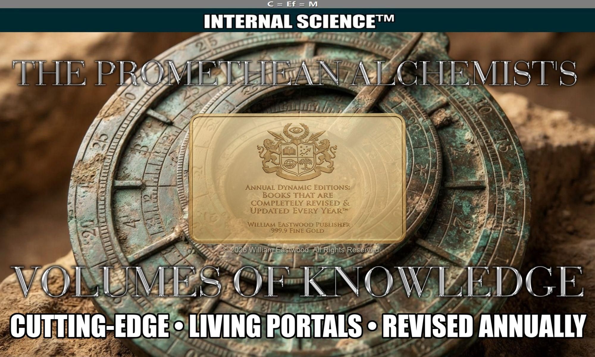Ancient astrolabe with the headings, "THE PROMETHEAN ALCHEMIST'S VOLUMES OF KNOWLEDGE: CUTTING-EDGE • LIVING PORTALS • REVISED ANNUALLY."