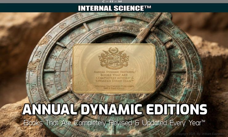 A close-up photograph of an ancient, weathered bronze astrolabe artifact, overlaid with a translucent gold seal featuring the embossed text: 'C=Ef=M:INTERNAL SCIENCE™: ANNUAL DYNAMIC EDITIONS: BOOKS THAT ARE COMPLETELY REVISED & UPDATED EVERY YEAR'.