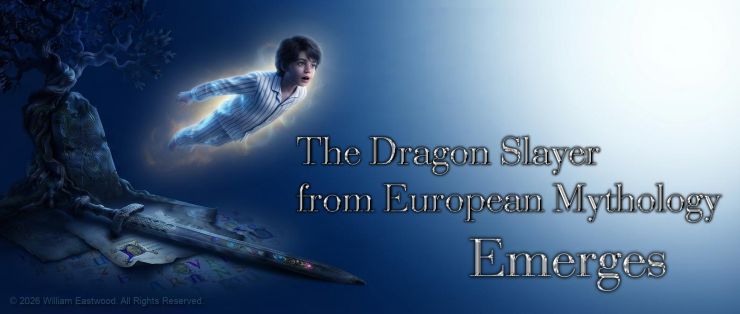 In the middle of a moon-lit night, a surprised boy flies around a Celtic stone inscribed with strange symbols on which leans on a gnarly Druid oak. Next to it Excalibur lays on Saxon era Monistic documents announcing the return of an eternal and powerful mythical figure. Floating in air are the words, "The Dragon Slayer from European Mythology Emerges.