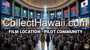 Teller addresses an enthusiastic crowd inside Earth Network headquarters in Honolulu, surrounded by international flags, Greek pillars, and screens displaying global UBI progress.
