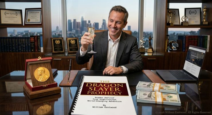 Executive toast in a high-rise office with a copy of The Dragon Slayer Prophecy script, stacked currency, and a Nobel Peace Prize medal.