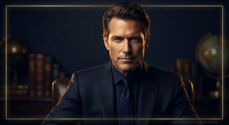 Cinematic portrait of William Eastwood as The Promethean Alchemist in a dark study, featuring a sharp gaze and classic suit for The Dragon Slayer Prophecy.