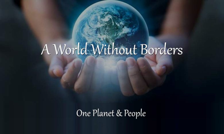 Gentle hands cradling a glowing Earth from space, featuring vibrant green continents and a healthy atmosphere, overlaid with the text "A World Without Borders: One People & Planet."