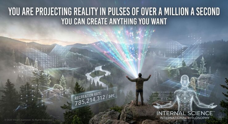 A man standing on a rocky mountain peak projecting his reality holographically, as represented by a vibrant beam of rainbow light across a foggy valley overlaid with a digital wireframe grid, with text stating "YOU ARE PROJECTING REALITY IN PULSES OF OVER A MILLION A SECOND".