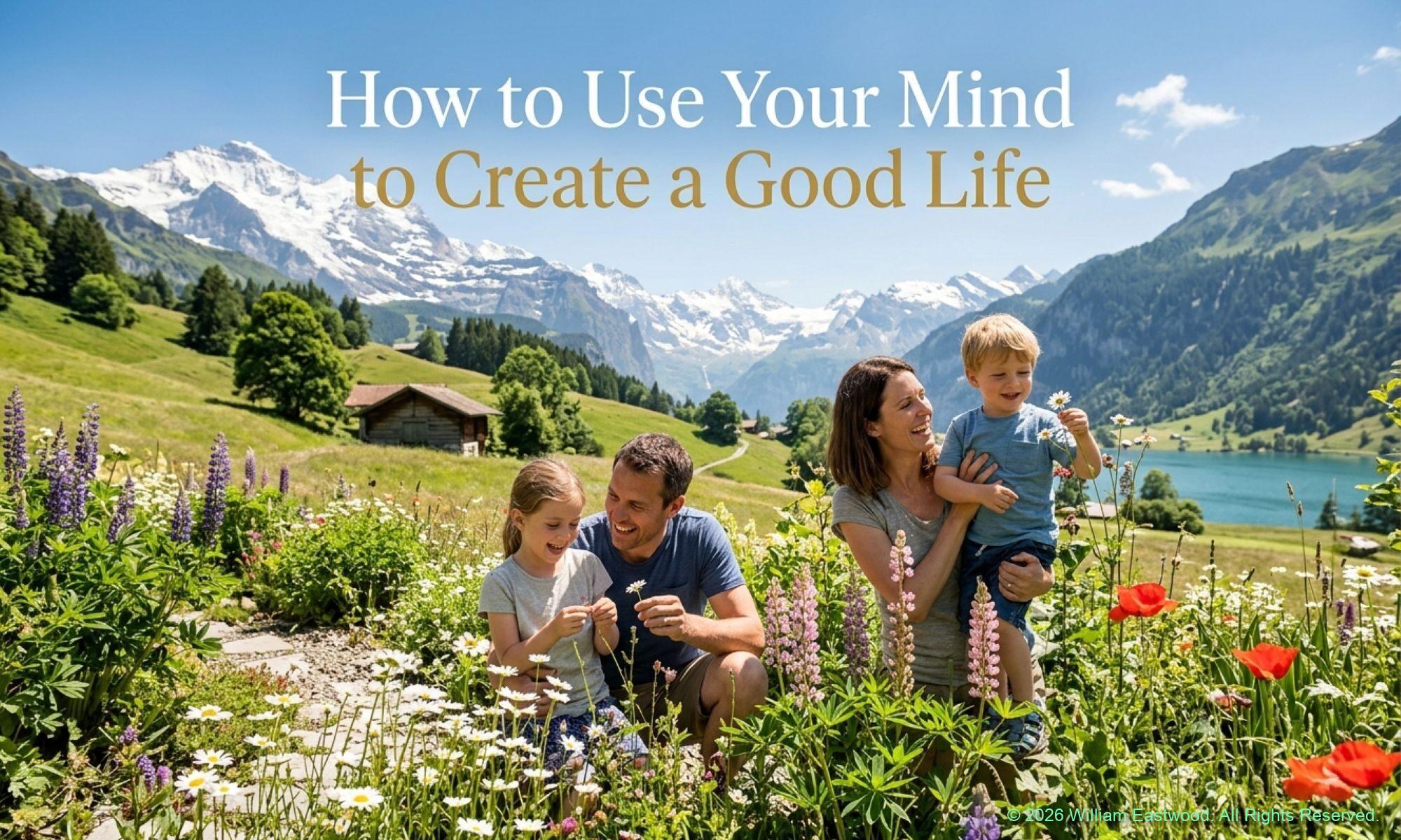 A wide-angle, scenic photograph capturing a happy family of four spending a sunny summer day together in a lush, wildflower-filled garden in the Swiss Alps. The father and young daughter laugh while observing flowers, and the mother holds her young son. Majestic, snow-capped mountain peaks rise sharply against a clear blue sky in the background, with a rustic chalet nestled on the green slopes and a turquoise lake in the distance. The overall image represents a physical manifestation of harmony, joy, and 'a good life' as described by the article's core philosophy